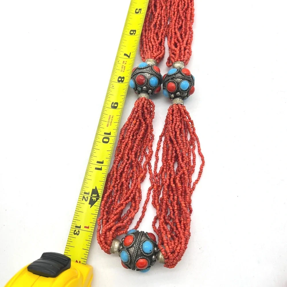 Vintage Multi Strand Red‎ Seed Bead Necklace Turquoise Filigree Statement 26in